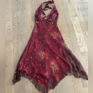 Y2K Vtg CACHE size 2 Silk Handkerchief Hem Midi Halter Dress Beaded Ties Fairy